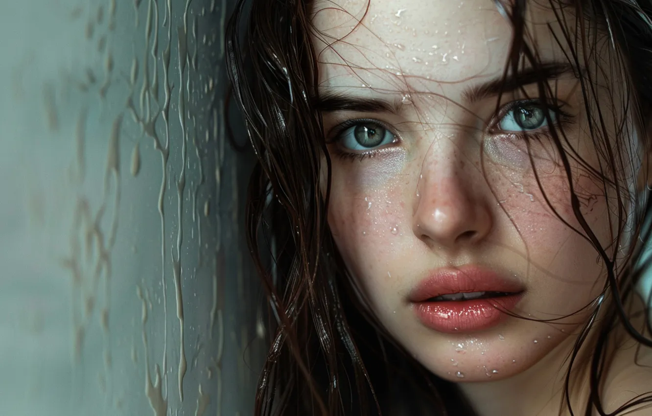 Photo wallpaper look, water, girl, drops, squirt, close-up, face, portrait