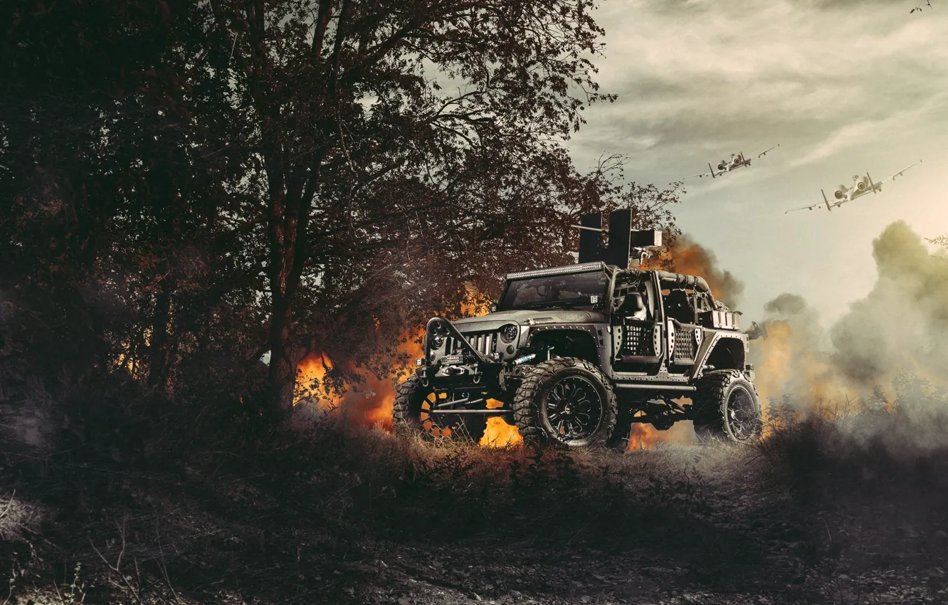Photo wallpaper Nature, Fire, Cars, Front, Wrangler, Jeep, Off Road, Planes
