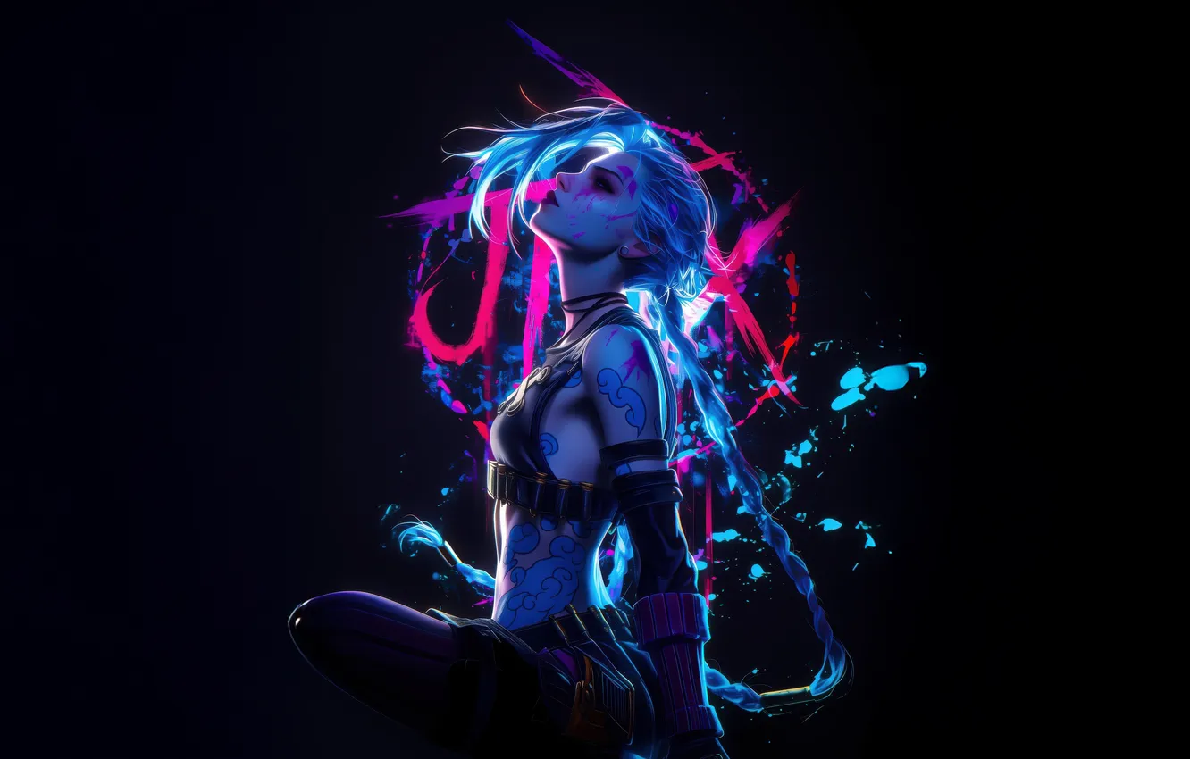 Photo wallpaper Neon, League of Legends, LoL, Dark Background, Jinx, Arcane, AI Art, AI Generated