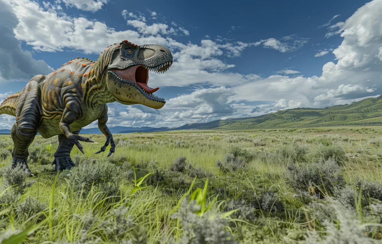 Photo wallpaper grass, clouds, animal, dinosaur, predator, grin, Tyrannosaurus, digital art