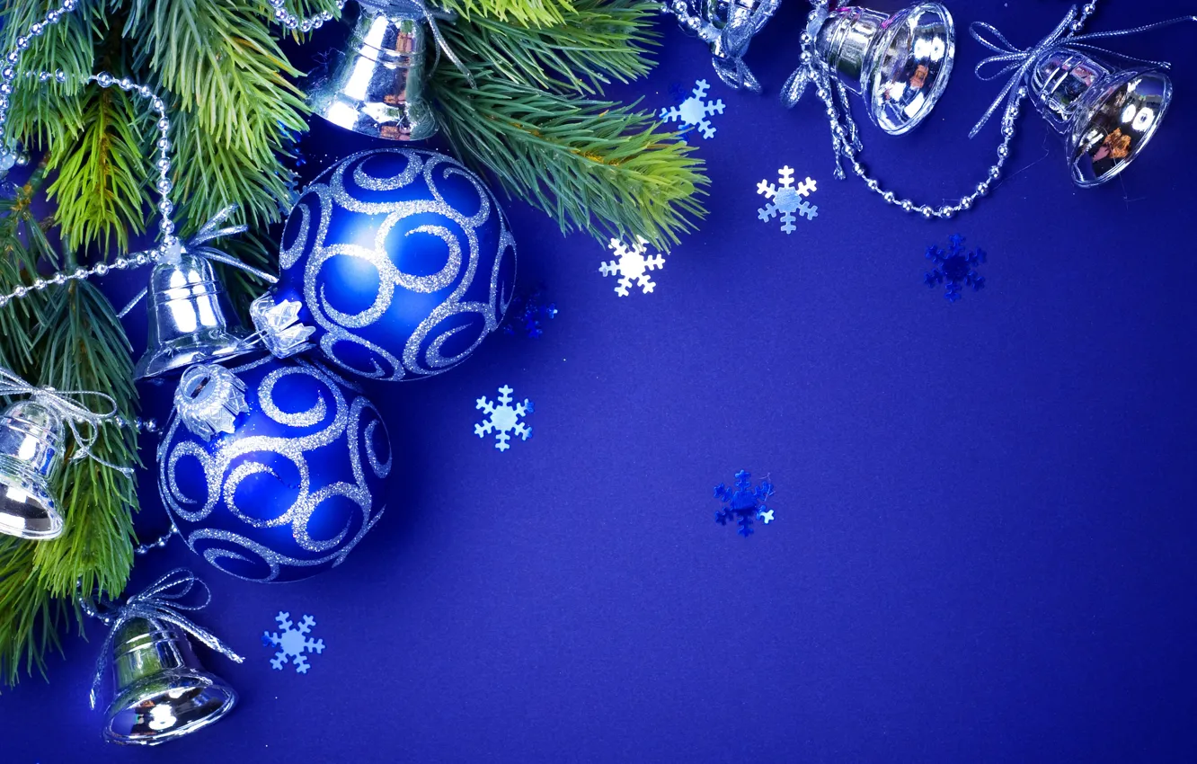 Photo wallpaper holiday, Balls, New year, beads, Decoration, bells, blue background, Fir-tree branches