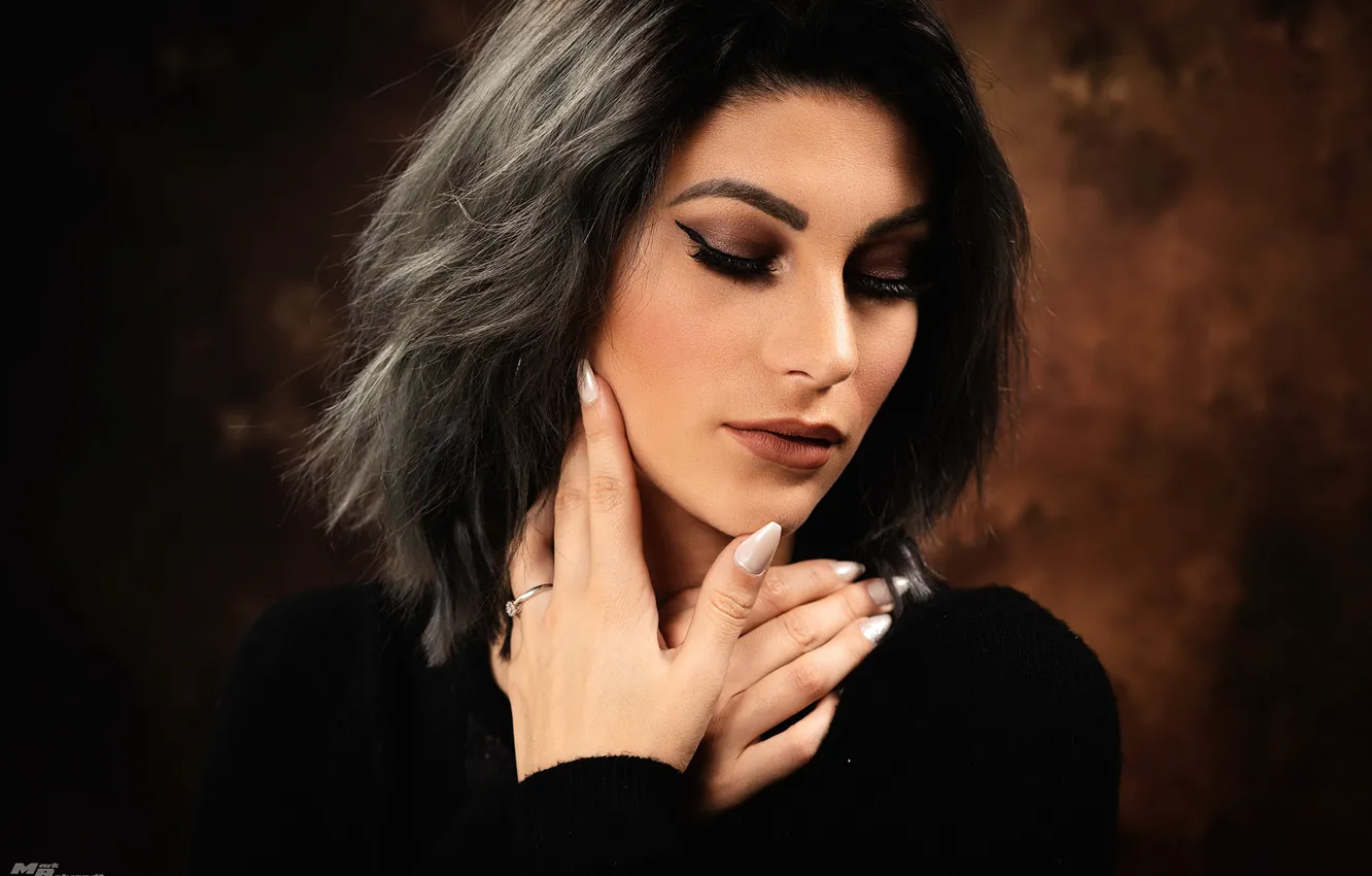 Photo wallpaper face, pose, background, model, portrait, hands, makeup, brunette