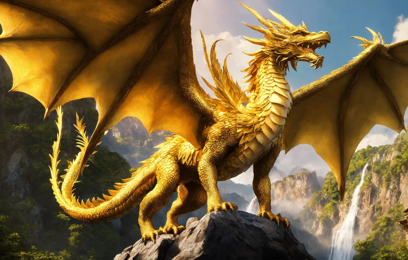Photo wallpaper gold, sky, water, tail, mountains, clouds, waterfall, dragon