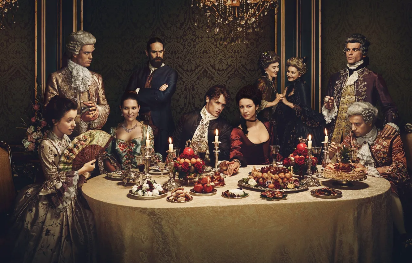 Photo wallpaper girl, cleavage, dress, France, food, man, Conspiracy, candles