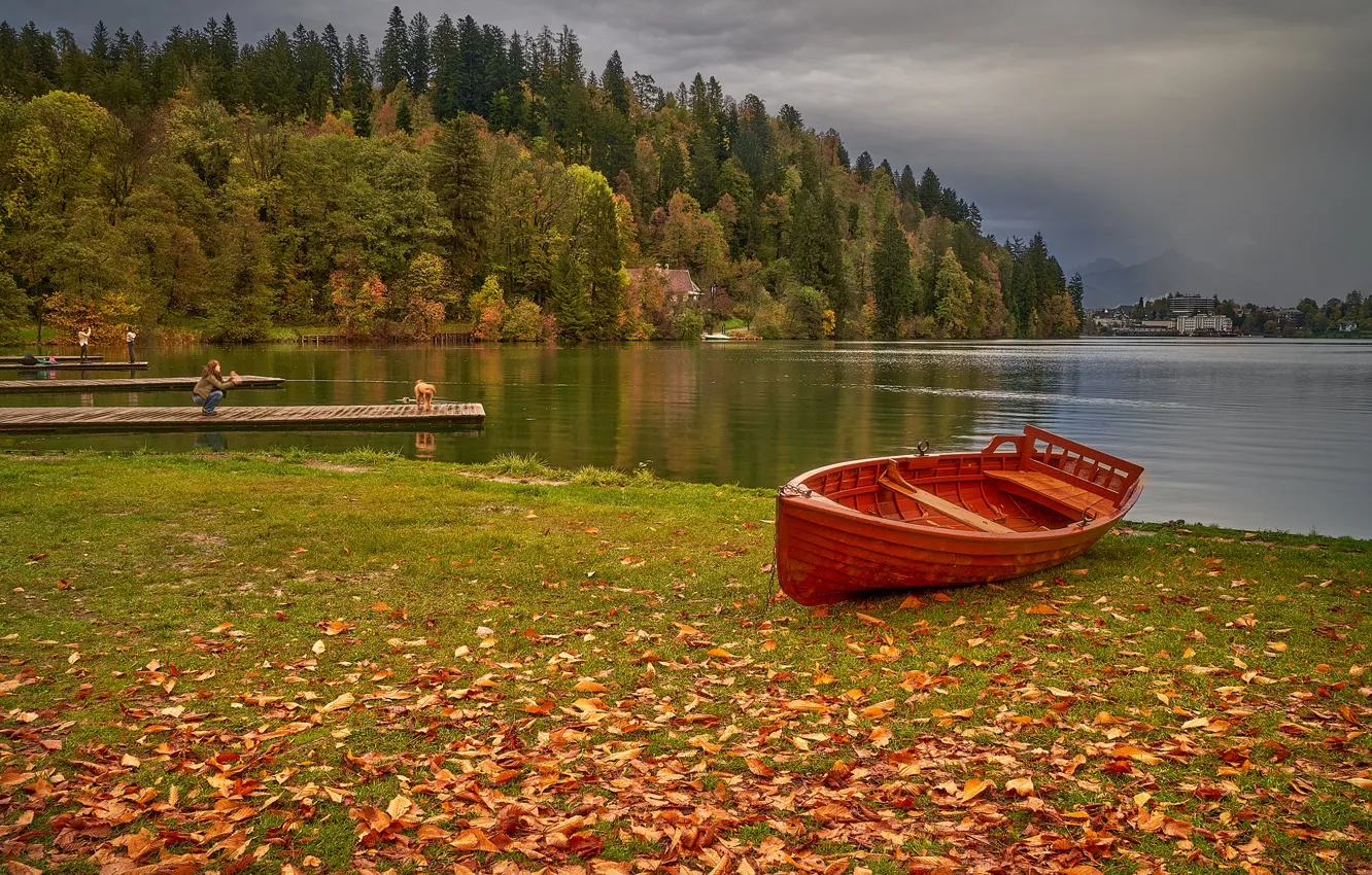 Photo wallpaper autumn, forest, landscape, nature, lake, boat