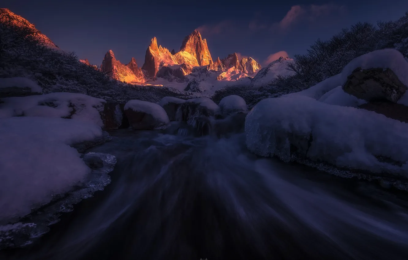 Photo wallpaper winter, water, light, snow, mountains, nature, river, rocks, stream