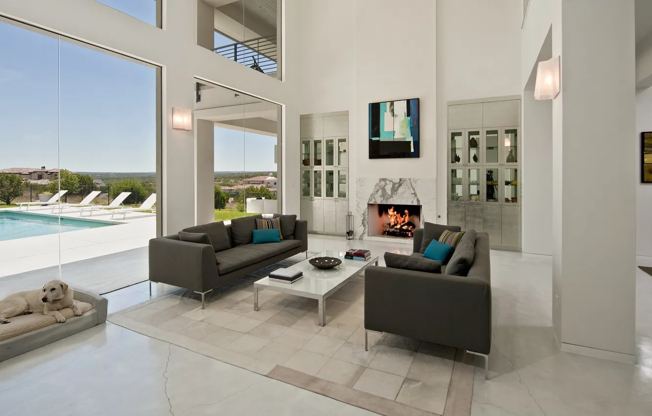 Photo wallpaper Villa, interior, fireplace, Austin, living room, Texas, Spanish Oaks Residence, by Cornerstone Architects