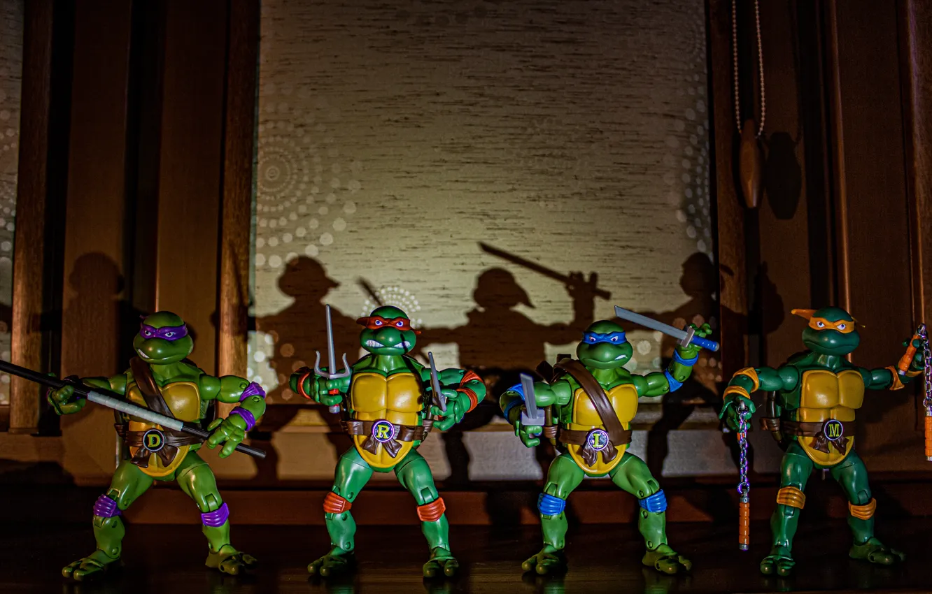 Photo wallpaper toy, cartoon, shadow, figures, Donatello, Michelangelo, turtles, mutant ninja turtles