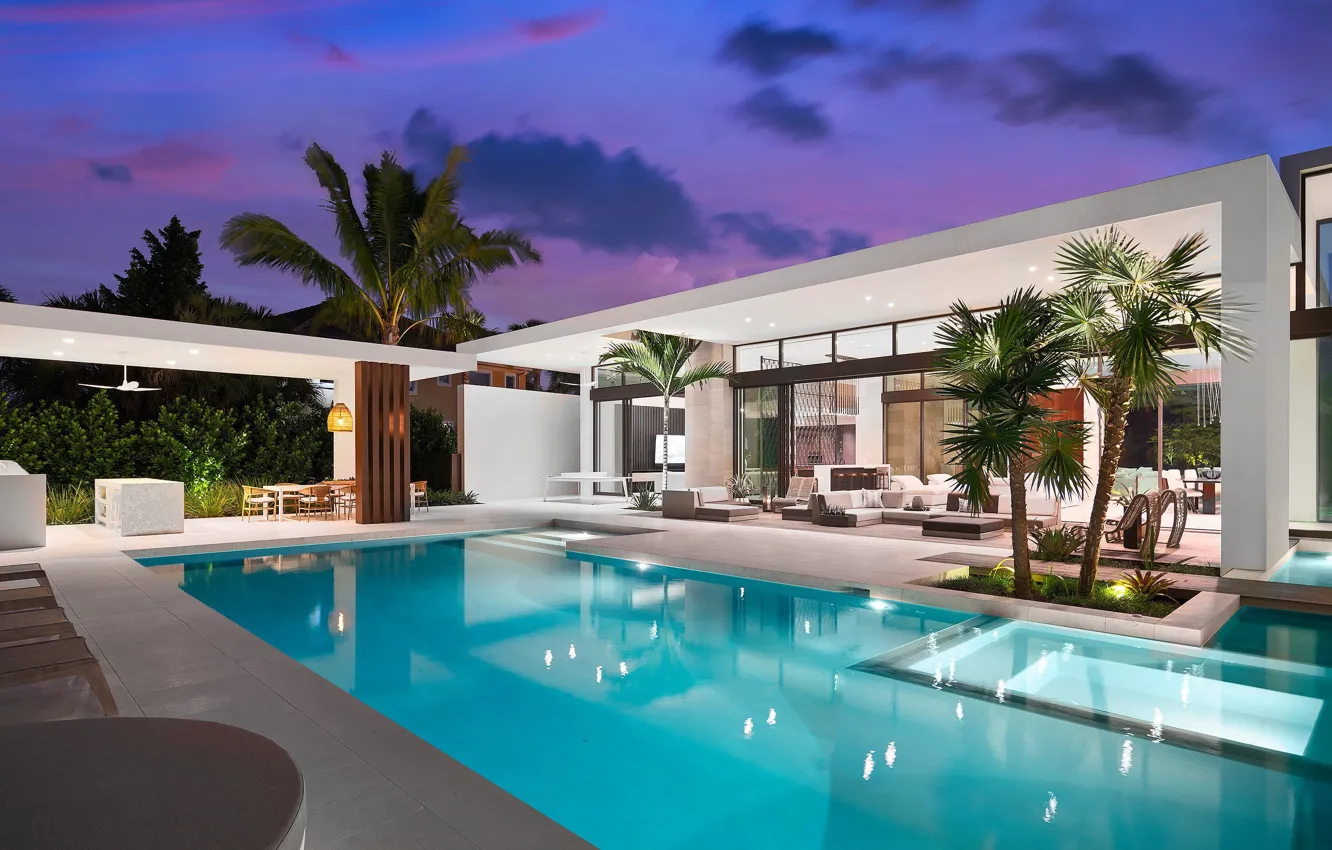 Photo wallpaper palm trees, Villa, the evening, pool, architecture, terrace, by Choeff Levy Fischman Architecture+Design, Weston Residence