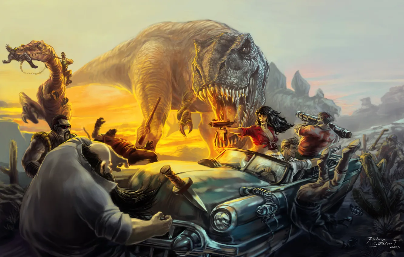 Photo wallpaper machine, weapons, people, dinosaur, art, attack, the bandits, Tyrannosaurus