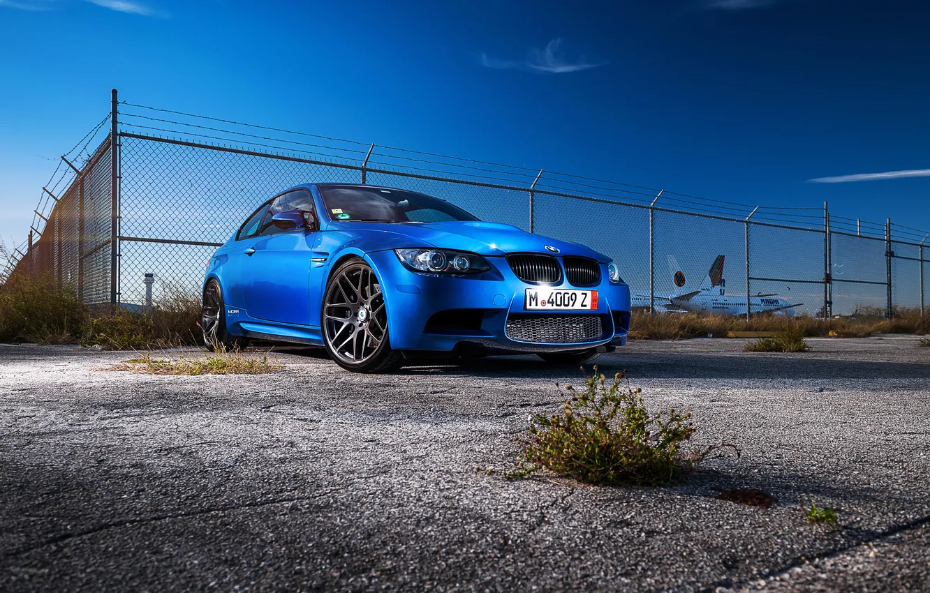 Photo wallpaper blue, BMW, coupe, BMW, front view, blue, e92