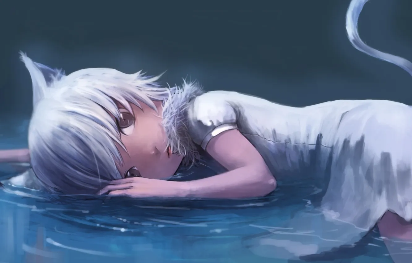 Photo wallpaper water, girl, tail, lies, ears, neko