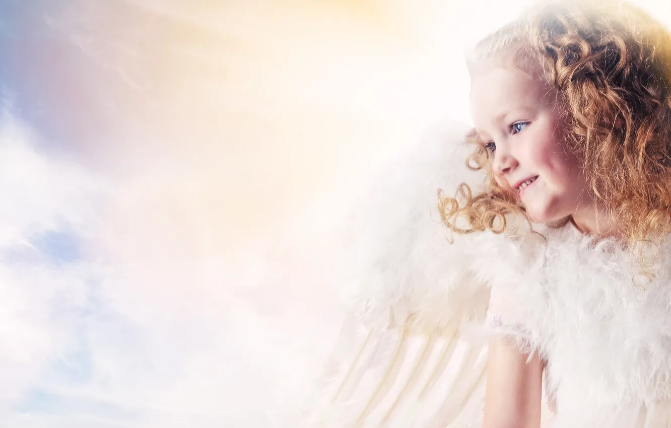 Photo wallpaper the sky, rays, children, wings, angel, dress, girl, curls