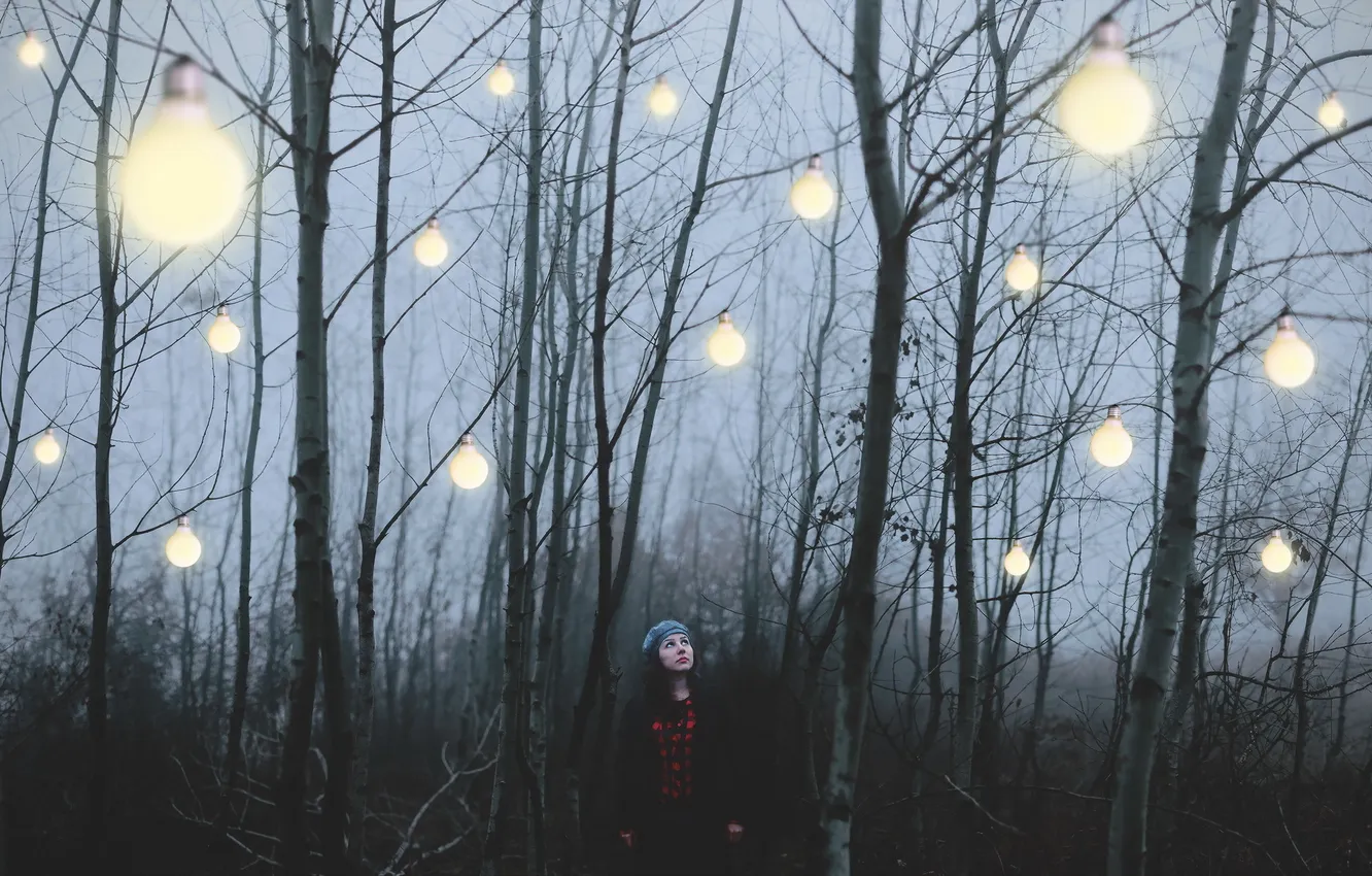 Photo wallpaper forest, girl, light, lamp