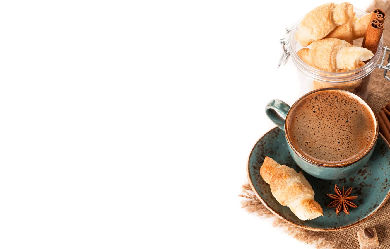 Photo wallpaper coffee, white background, croissants