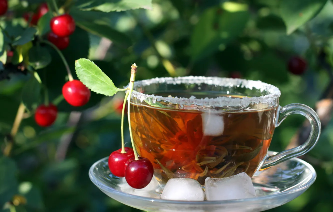 Photo wallpaper ice, cherry, tea, Cup