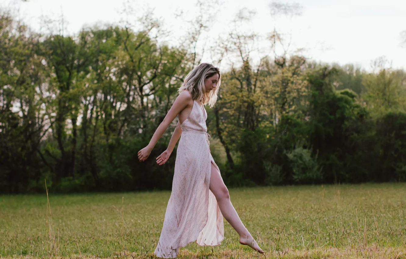 Photo wallpaper grass, girl, dress, sundress, step