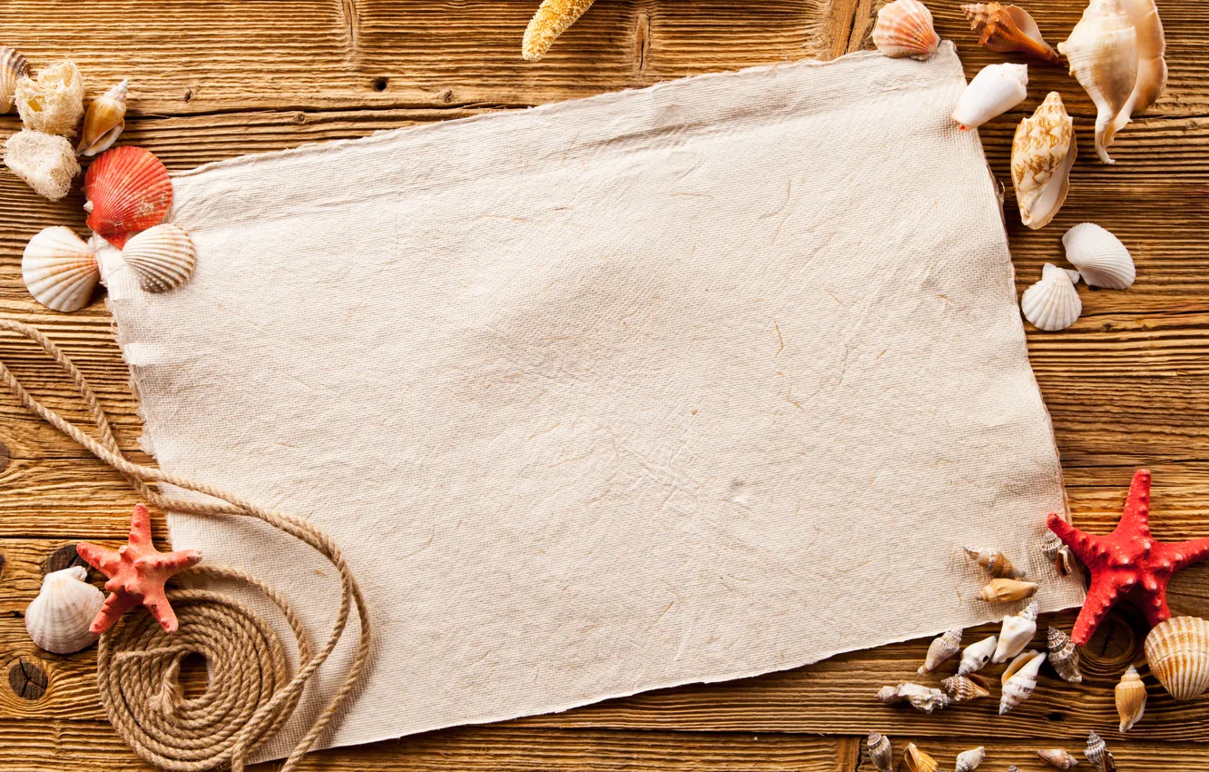 Photo wallpaper paper, Board, rope, shell, starfish, paper, shells, starfish
