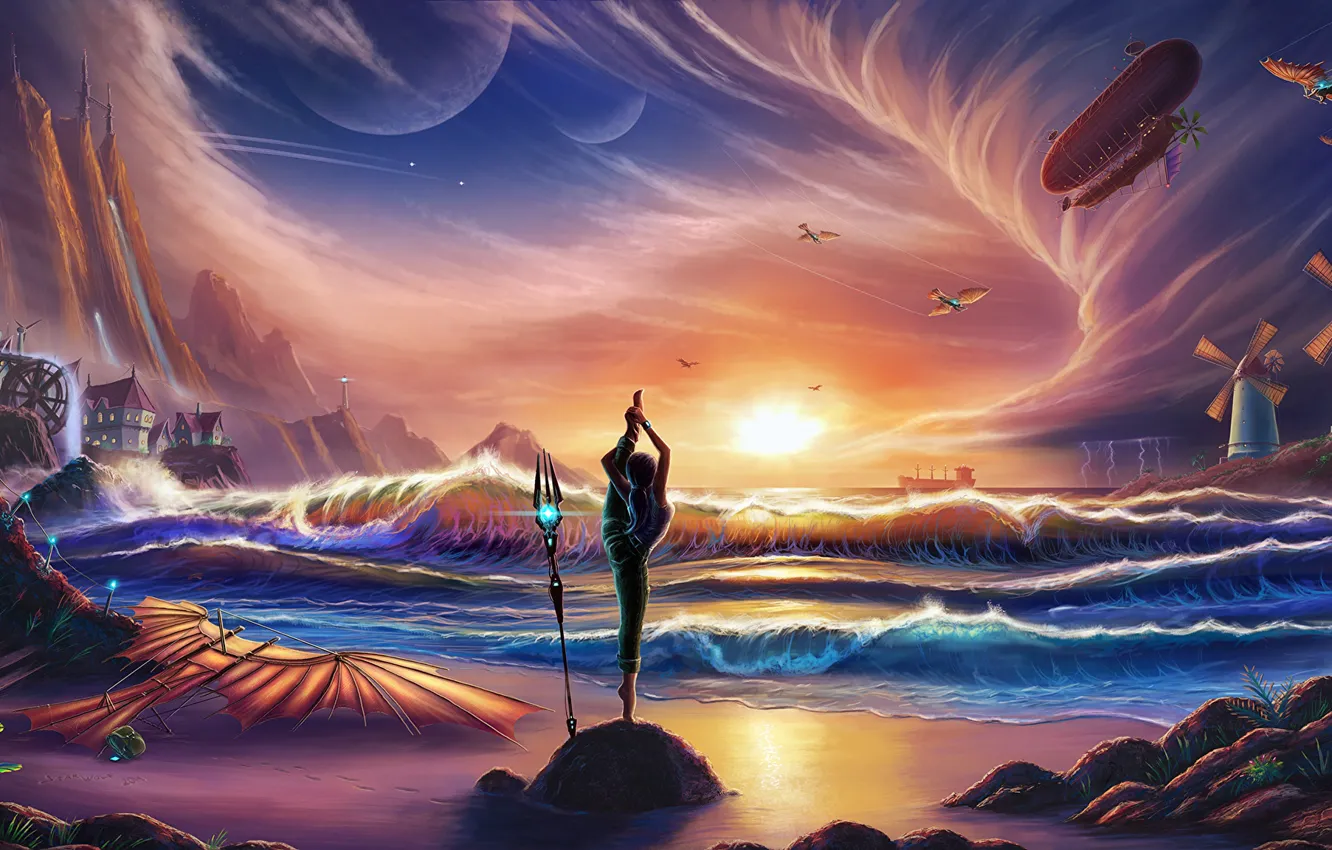 Photo wallpaper bright colors, clouds, the ocean, home, mill, the airship, Fantasy world, birds in the sky