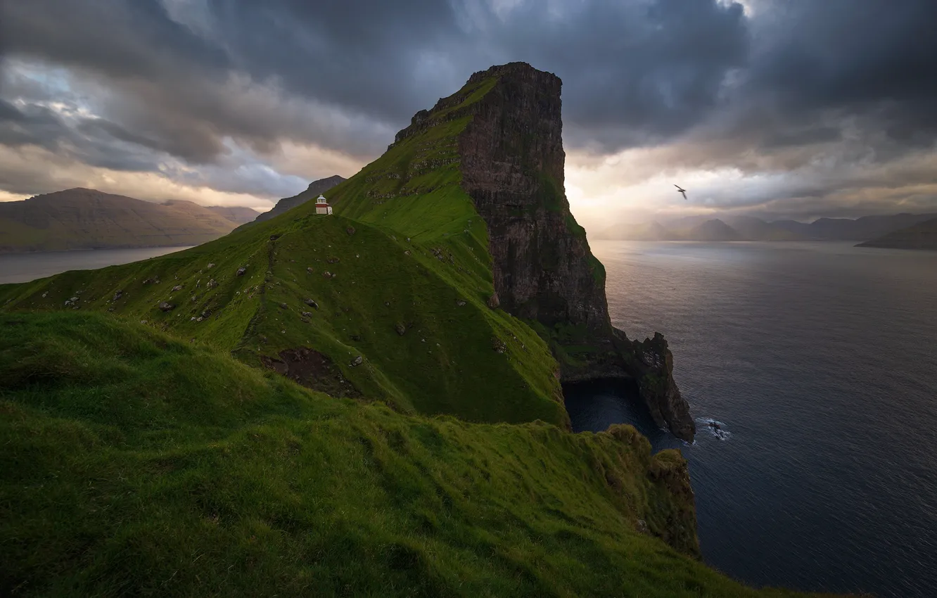 Photo wallpaper landscape, sunset, clouds, nature, the ocean, rocks, lighthouse, Faroe Islands