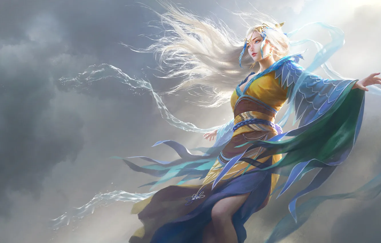 Photo wallpaper the sky, girl, clouds, dress, art, blonde, girl, fantasy