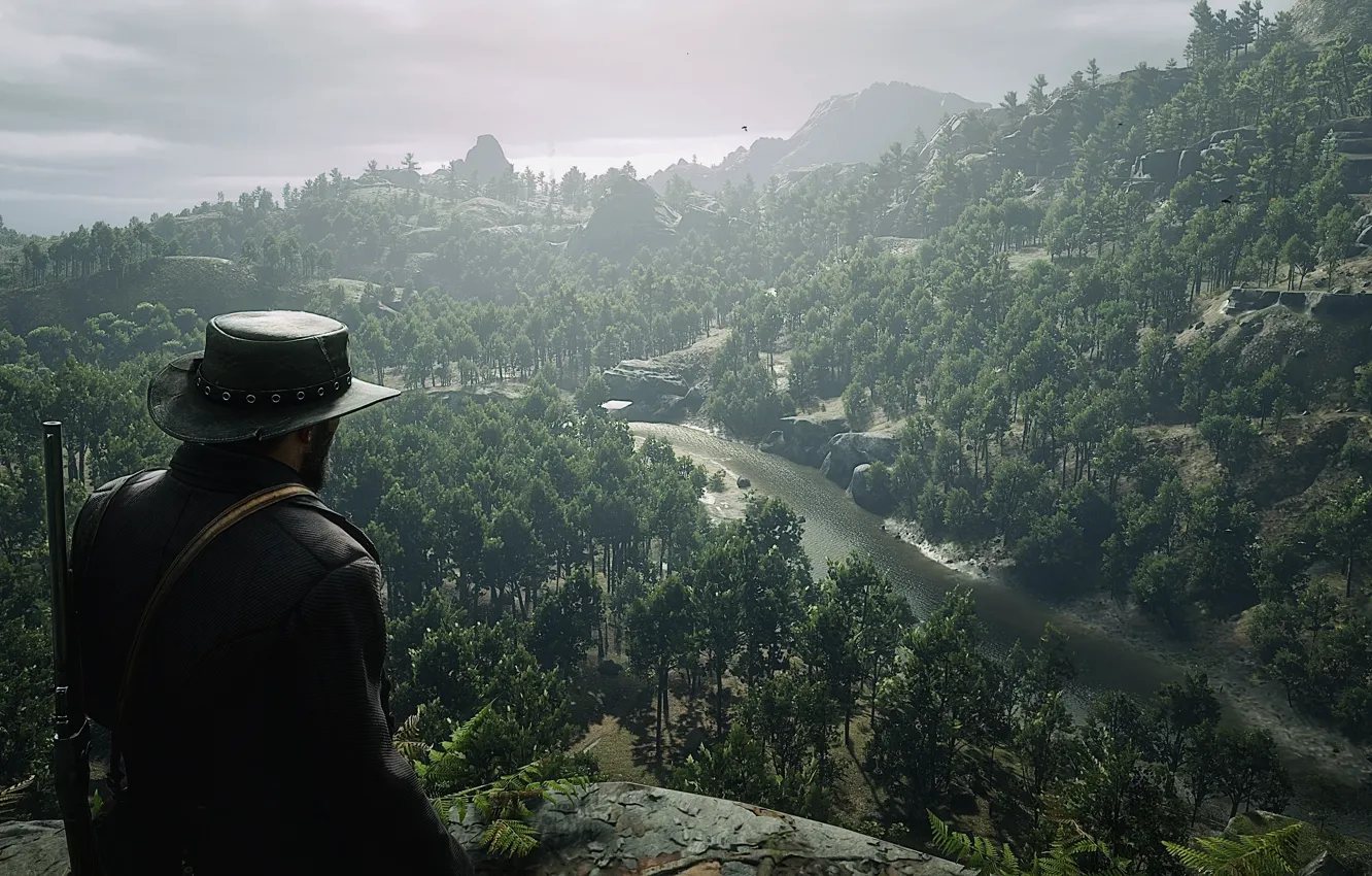 Photo wallpaper HDR, game, river, landscape, nature, wood, view, John Marston