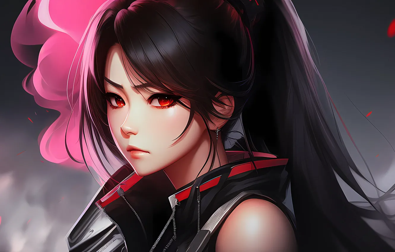 Photo wallpaper girl, red eyes, bokeh, look, digital art, black hair, portrait, digital art