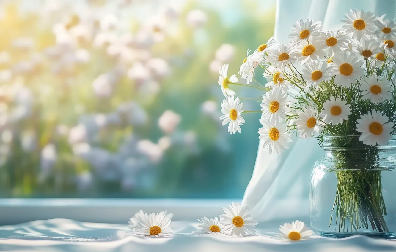 Photo wallpaper summer, glass, light, flowers, chamomile, bouquet, window, Bank