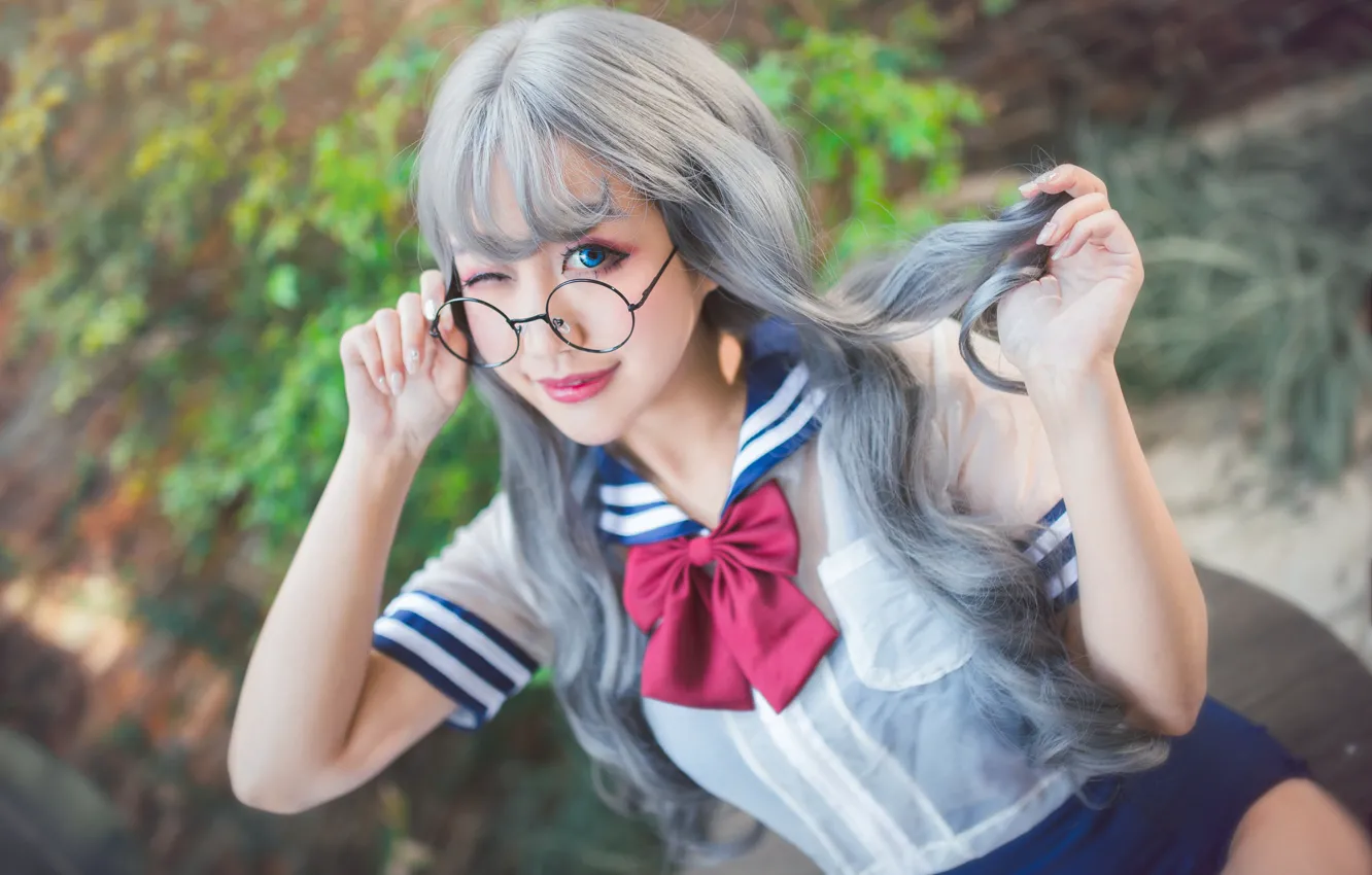 Photo wallpaper greens, eyes, look, leaves, girl, nature, face, pose