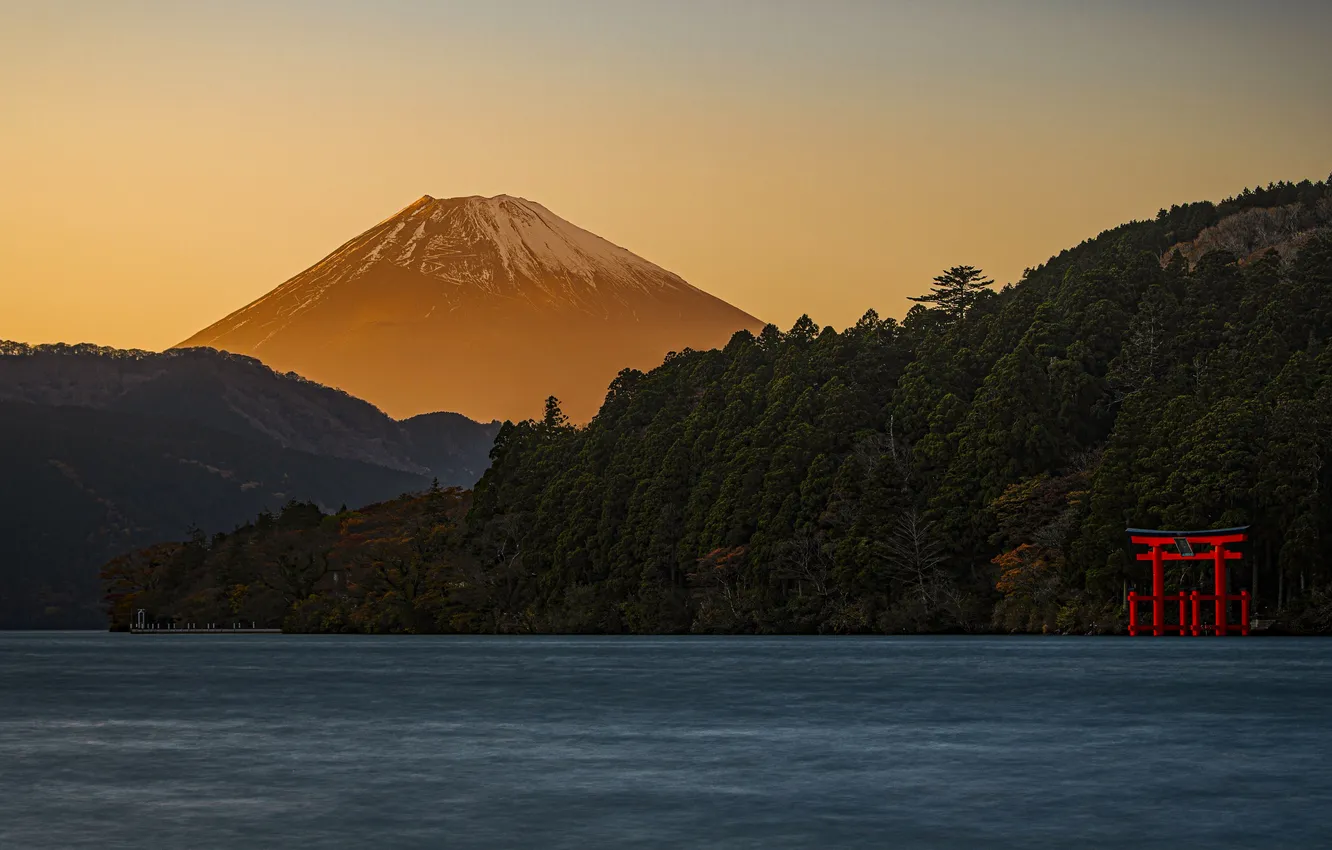 Photo wallpaper trees, mountains, nature, lake, Japan, Hakone, Lake Ashi, ЭMount Fuji
