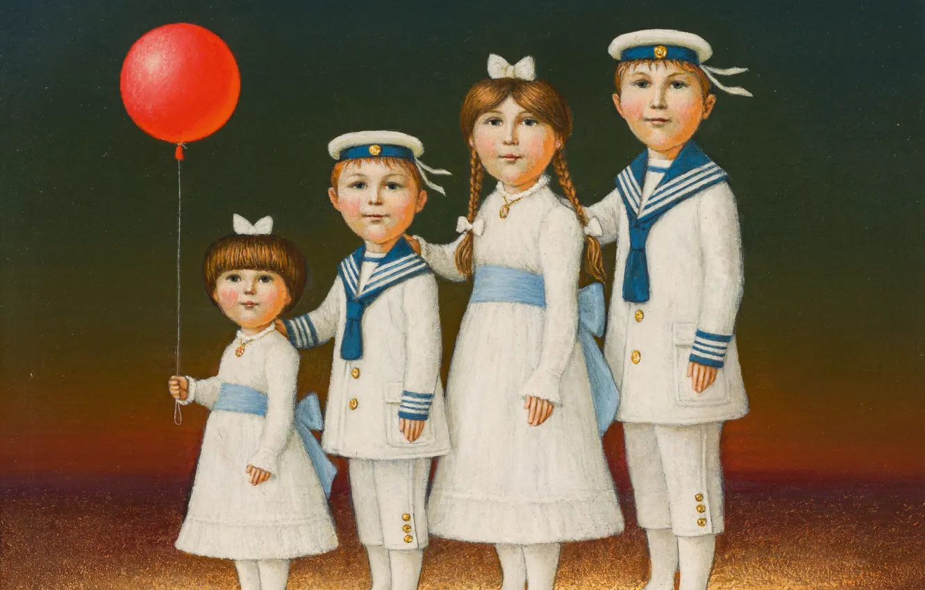 Photo wallpaper balls, children, picture, four, Austrian artist, brothers and sisters, Ludwig Schwarzer, Ludwig Schwarzer