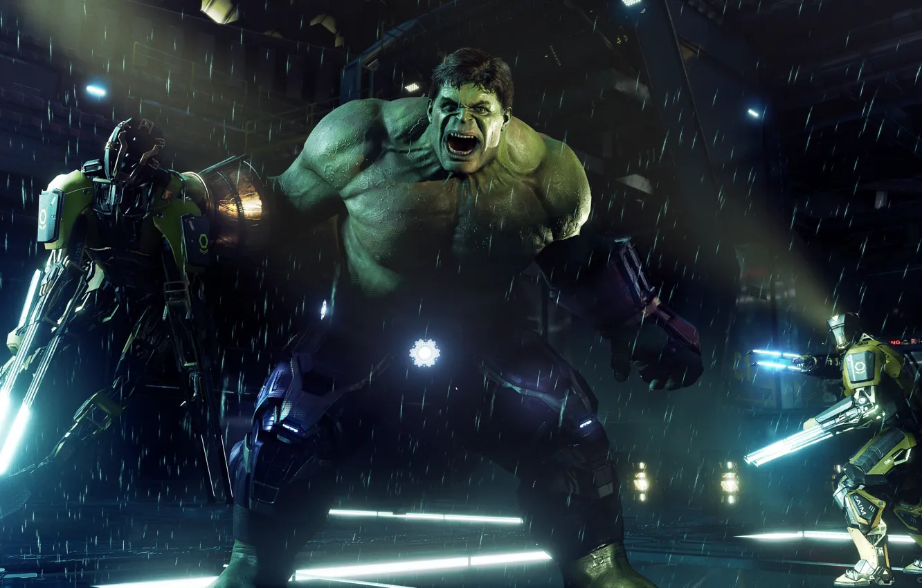 Photo wallpaper night, rain, the game, Hulk, Marvel's Avengers