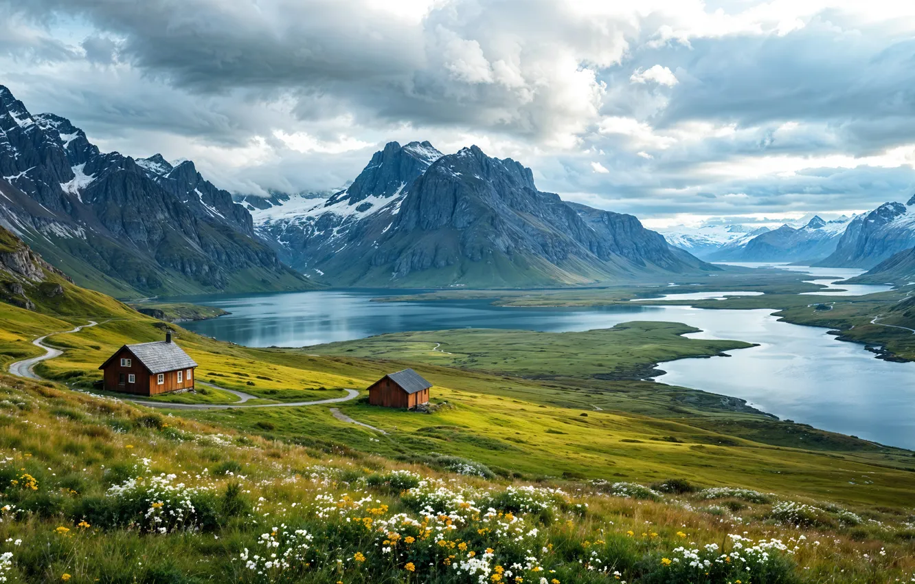 Photo wallpaper snow, mountains, nature, river, landscape, snowy, mountins