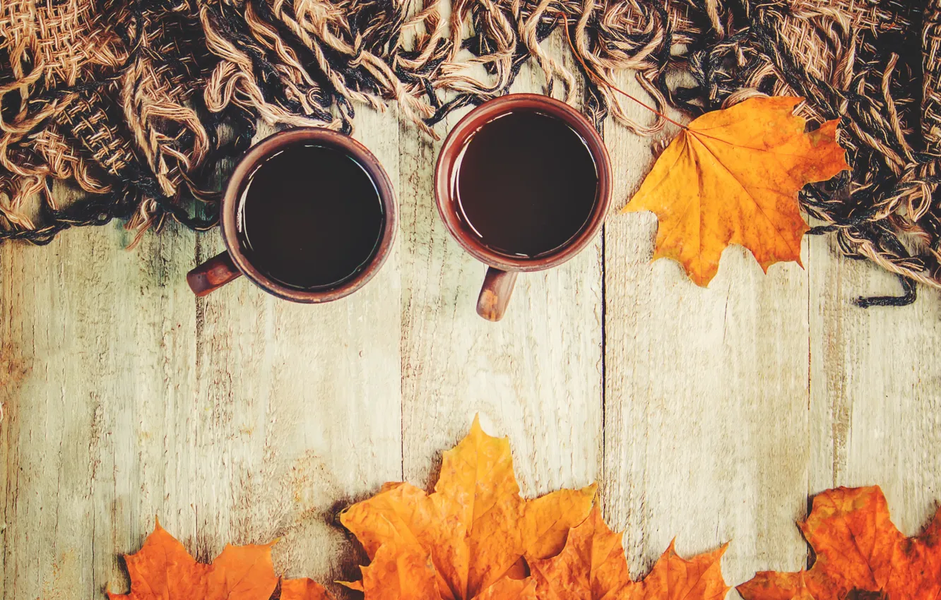 Photo wallpaper autumn, leaves, plaid, wood, autumn, leaves, coffee cup, a Cup of coffee