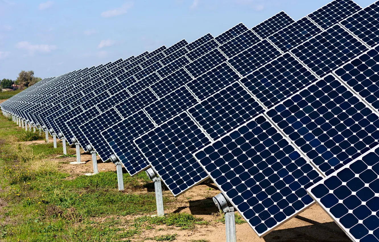 Photo wallpaper grass, energy, solar panels