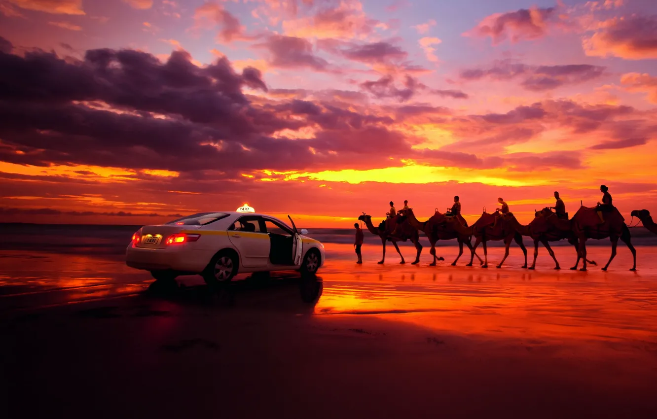 Photo wallpaper clouds, sunset, desert, taxi, caravan