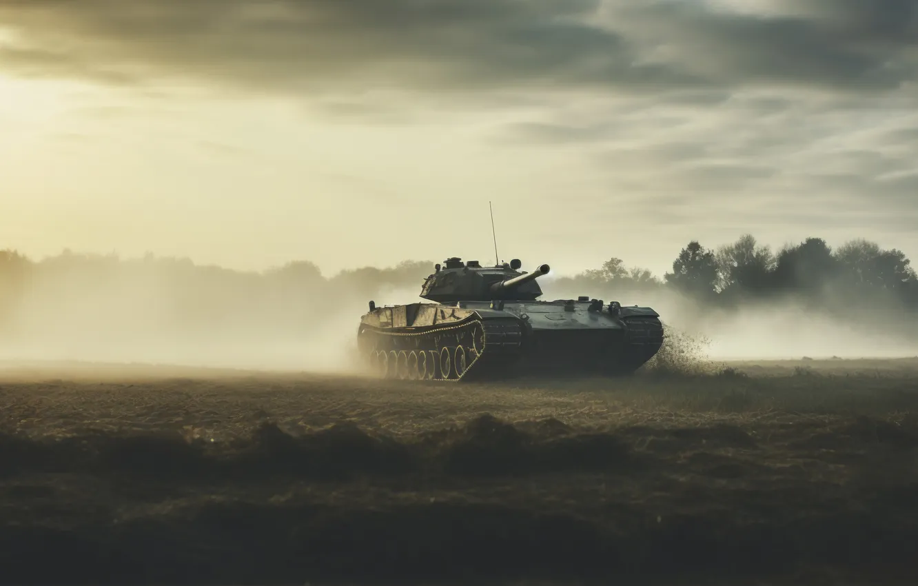Photo wallpaper field, dawn, tank, digital art, AI art, The Art of Artificial Intelligence, neural network