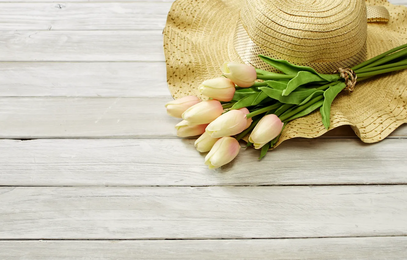 Photo wallpaper bouquet, spring, tulips, hat