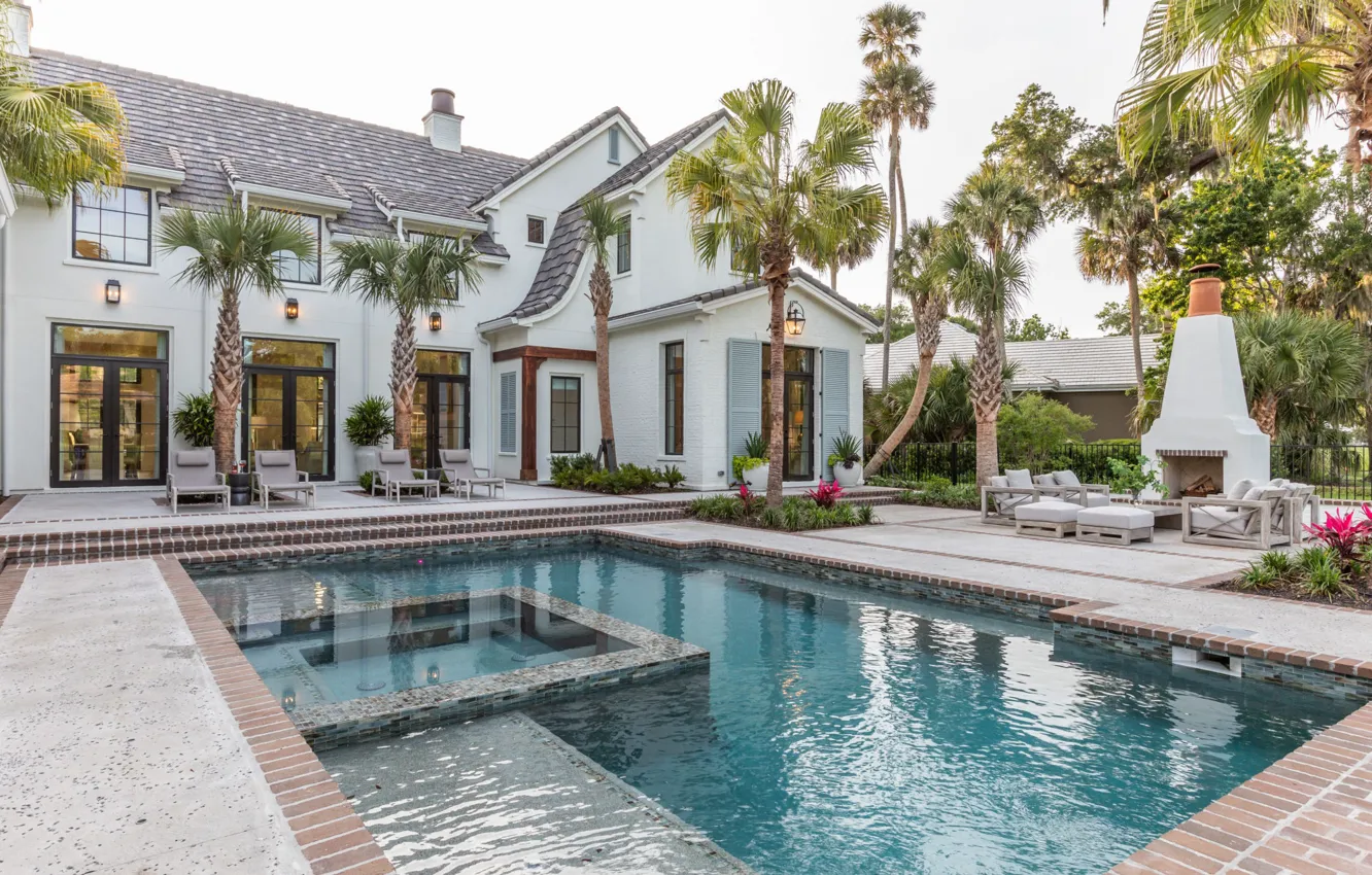 Photo wallpaper palm trees, pool, oven, terrace, external copper lighting, villa Lantern and Scroll, patio lighting, Exterior …