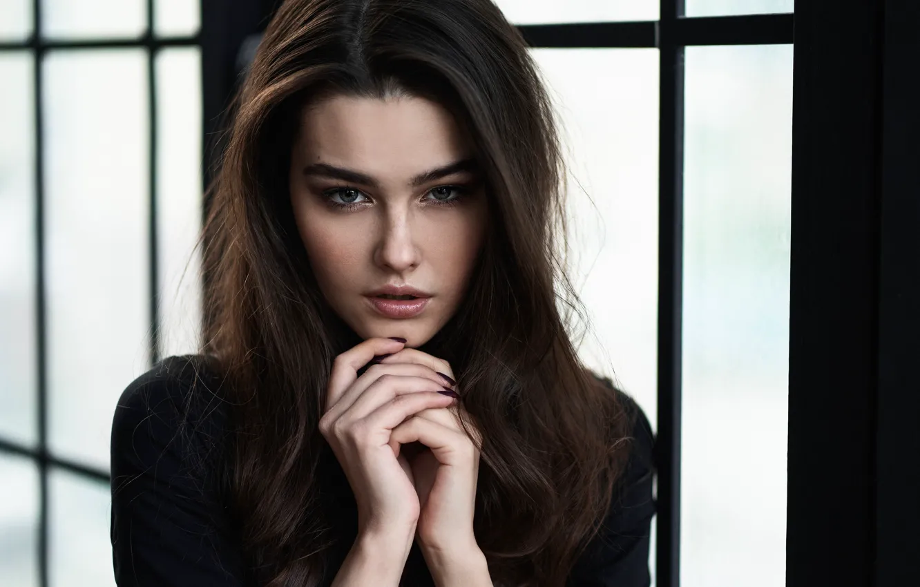 Photo wallpaper look, face, pose, model, portrait, hands, makeup, brunette