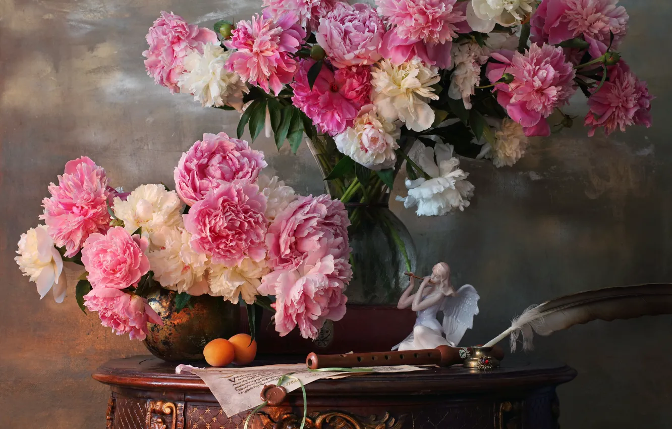Photo wallpaper flowers, pen, vase, figurine, table, Dudka, peonies, apricots