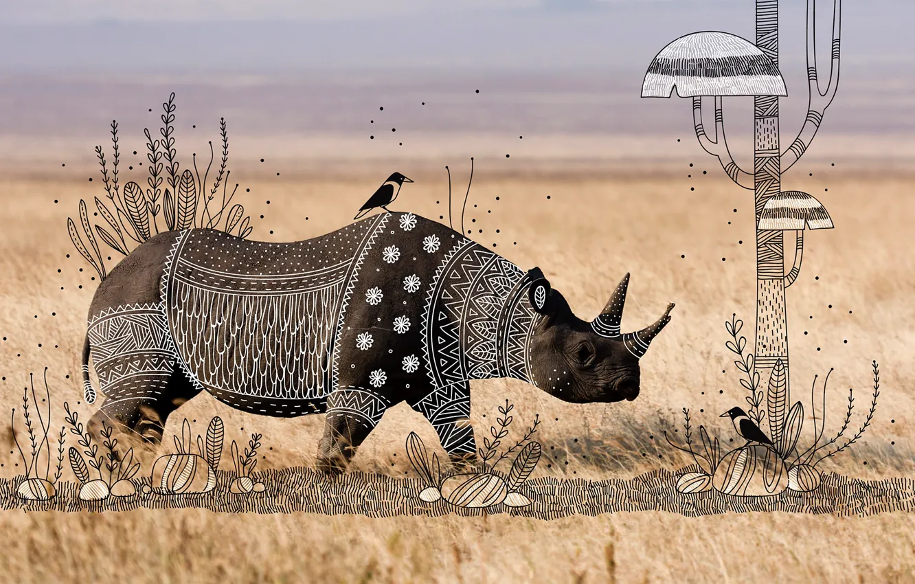 Photo wallpaper grass, Savannah, bird, Rhino, ANIMAL DOODLES