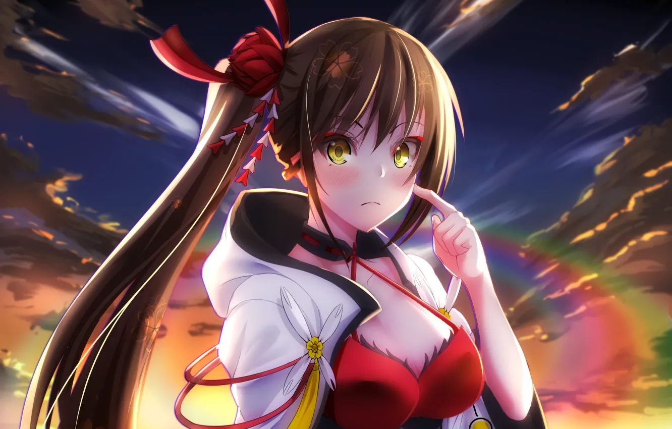 Photo wallpaper girl, sexy, cleavage, long hair, dress, brown hair, boobs, sunset