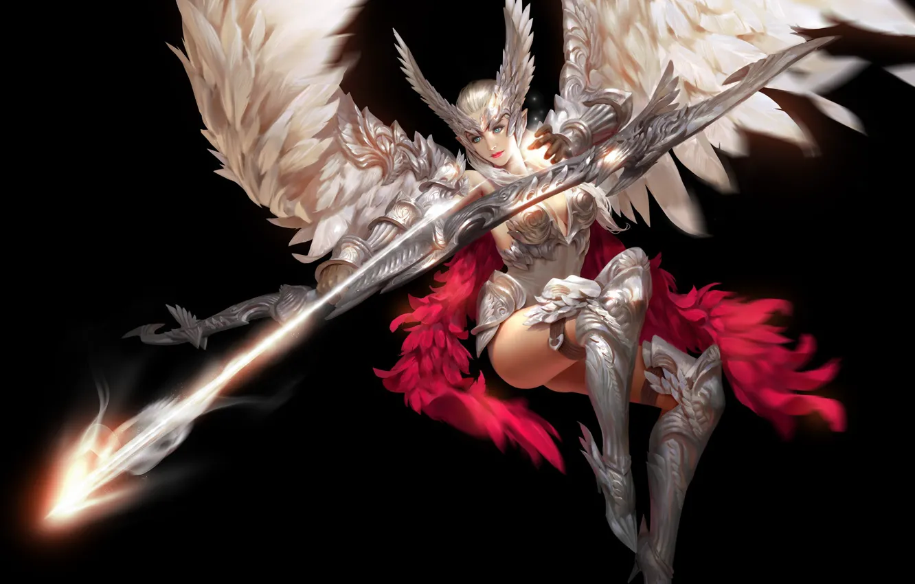 Photo wallpaper look, girl, pose, weapons, background, wings, feathers, art
