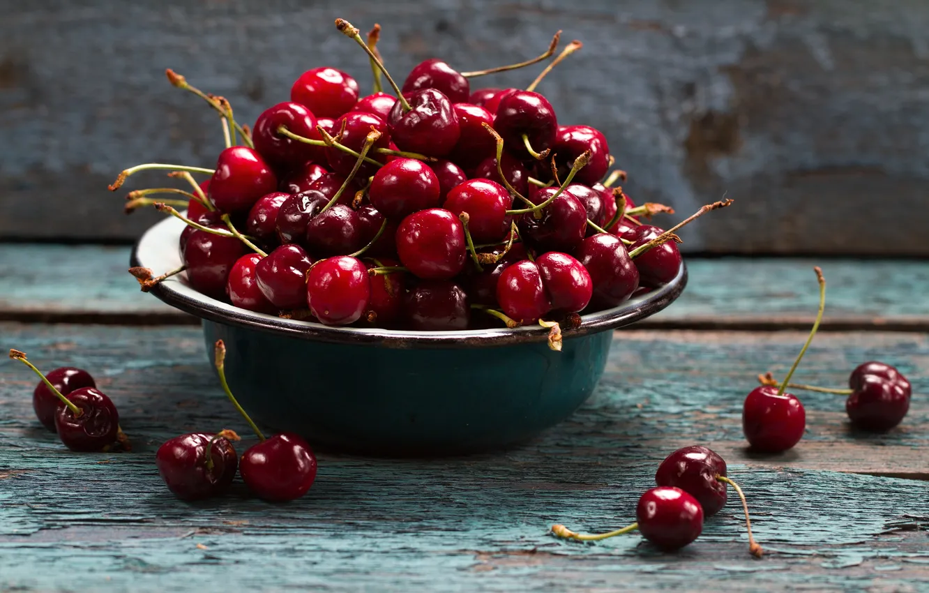 Photo wallpaper summer, bowl, fruit, ripe juicy cherries