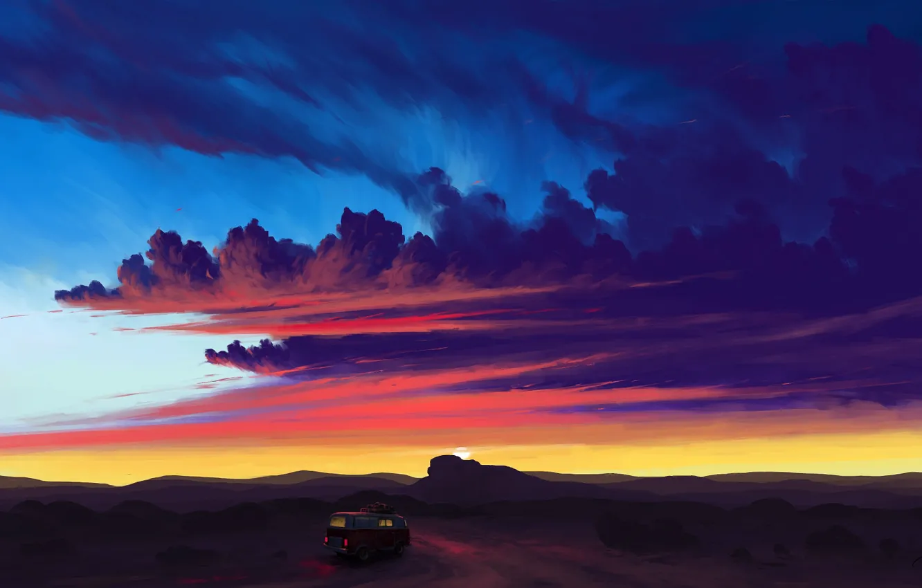 Photo wallpaper car, twilight, sky, desert, landscape, sunset, art, clouds