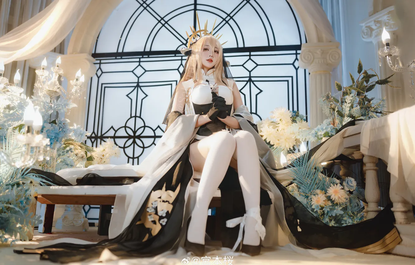 Photo wallpaper long hair, red eyes, women, cosplay, asian, sitting, bare shoulders, parted lips