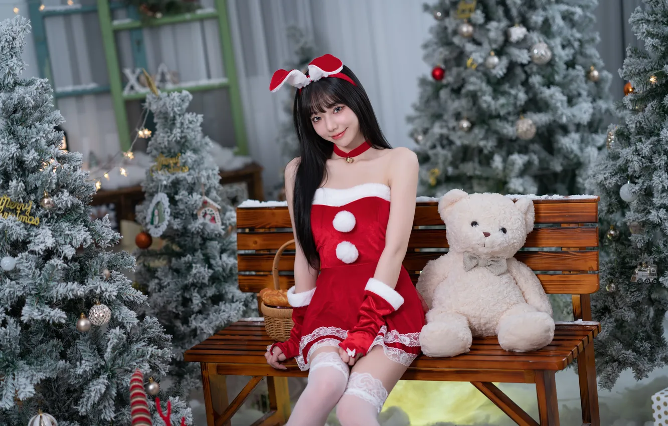 Photo wallpaper girl, bear, Asian