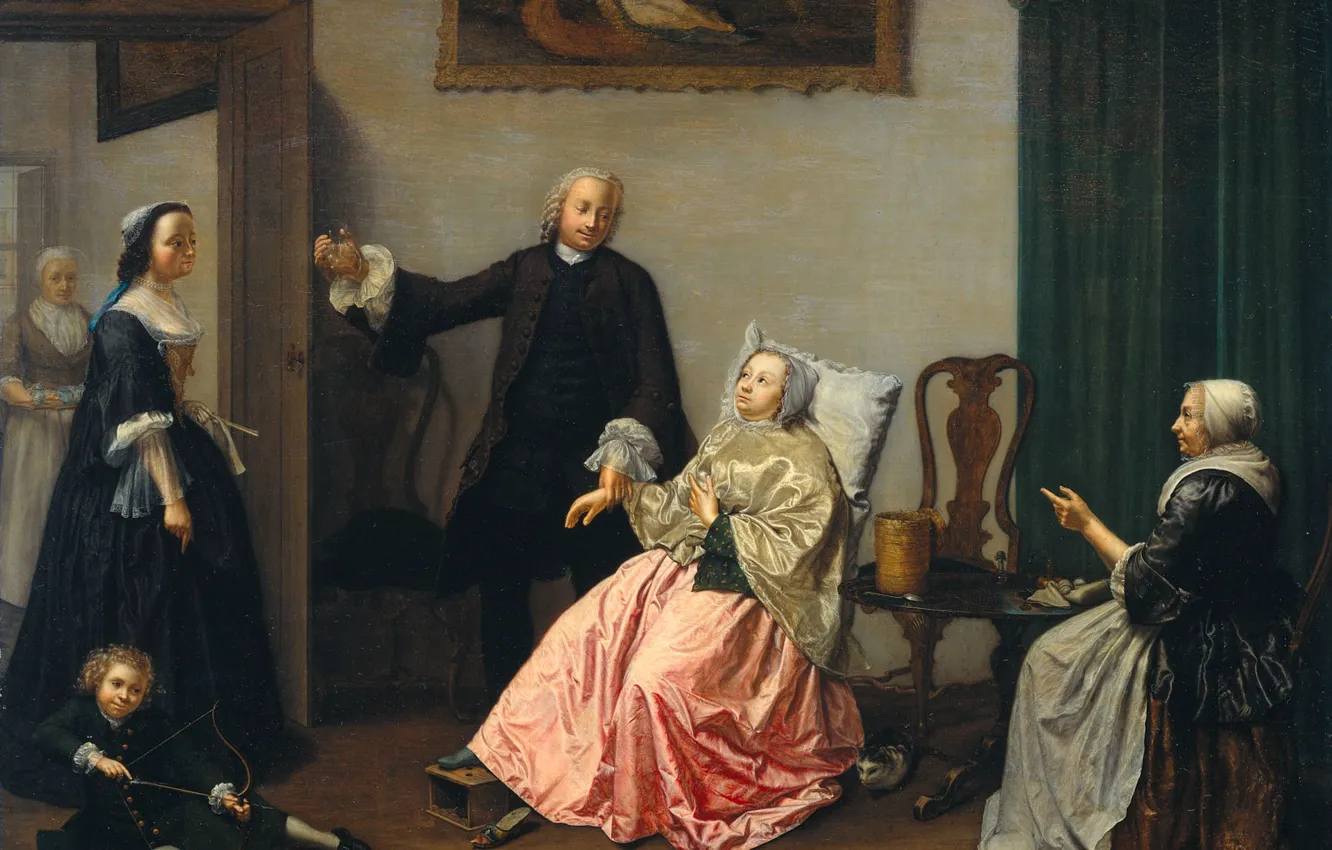 Photo wallpaper people, oil, interior, picture, canvas, genre, The Doctor's Visit, Elisabeth Geertruida Wassenbergh