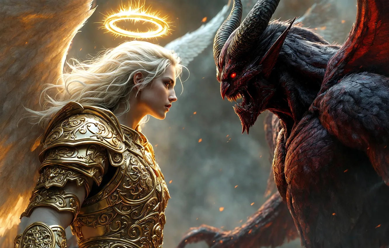 Photo wallpaper angel, armor, the demon, horns, two, halo, Fantastic art, the eternal dispute